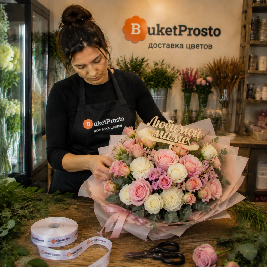 Флорист собирает букет «Любимой маме» на День матери в «Букет Просто»